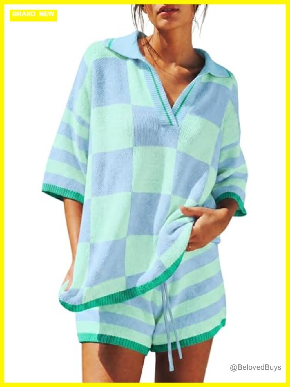 2 Piece Knit Lounge Set V Neck Half Sleeve Top with Shorts